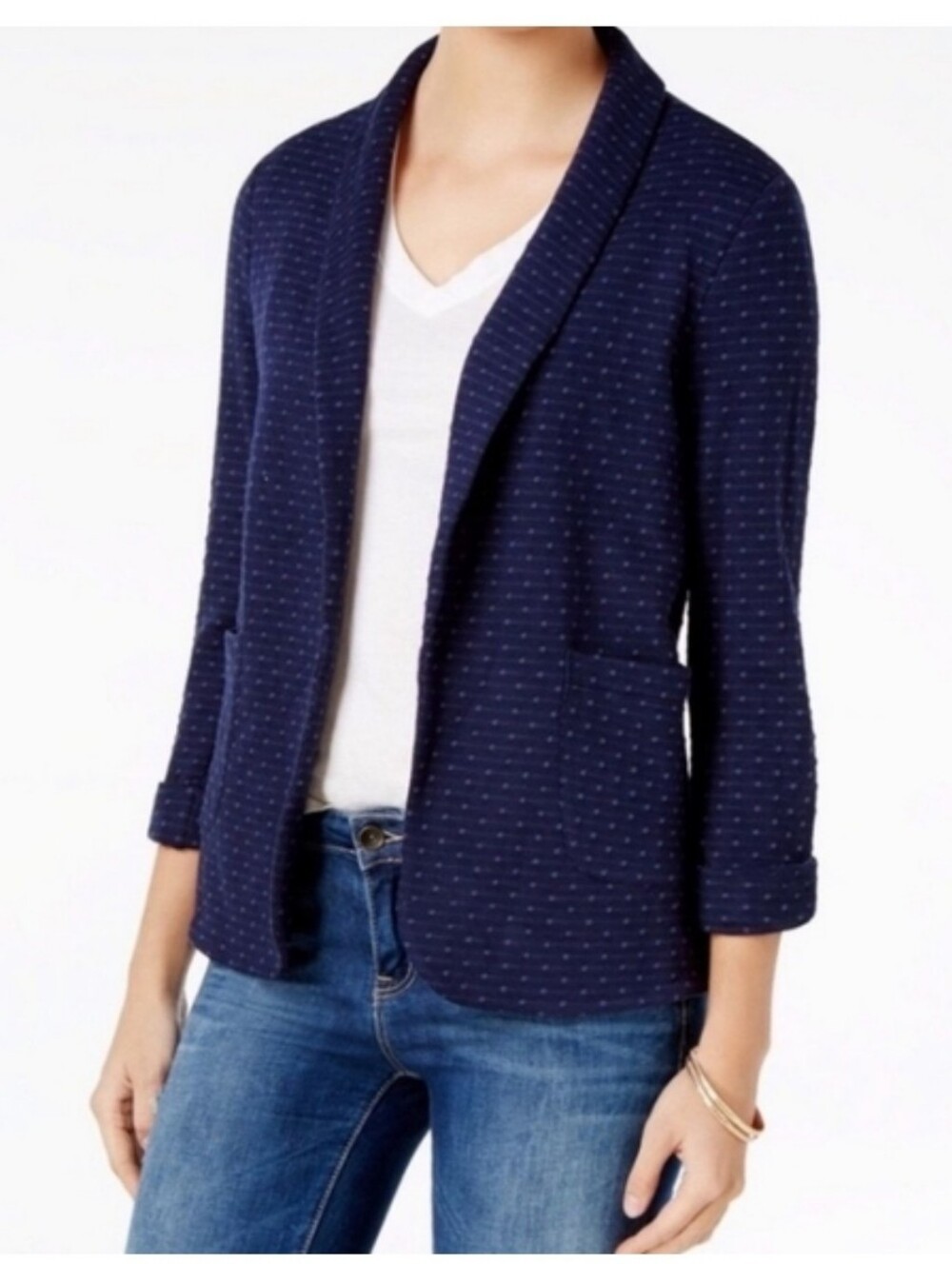 Maison Jules Dotted Navy Blazer Stretch Knit Rayon 3/4 Sleeve Open Front Sz S